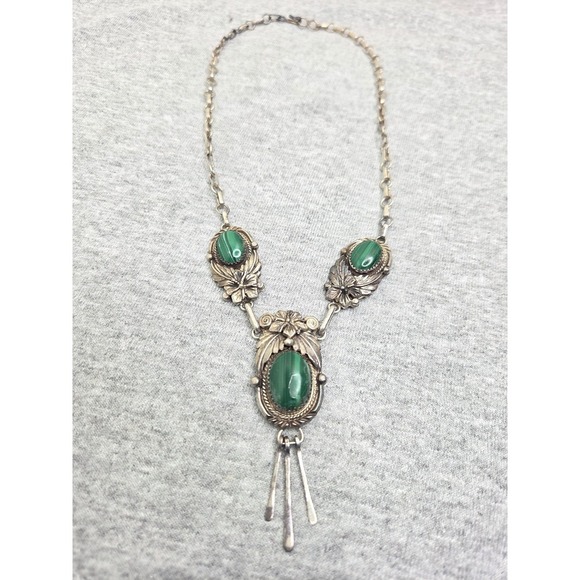 Jewelry - Rare Roie Jaque Navajo Signed Sterling Silver Malachite Floral Necklace OOAK